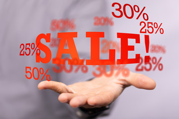 using white and red sales flying icons 3D rendering