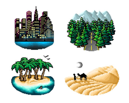 Pixel Art Various Landscapes Vector Icon Set. Different Places And Biomes Around The World Illustration.