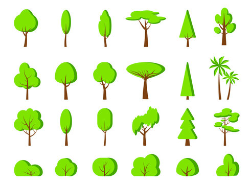 Green spring tree, bush flat cartoon icon set. Different shape simple forest, park, garden oak, birch, fir, palm, symbol. Summer season eco organic plant sign. Isolated on white vector illustration