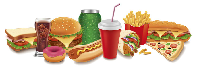 fast food items-hamburger, fries, hotdog, drinks, sandwich, baguette,pizza, tortilla wrap, donut	 - 323021179
