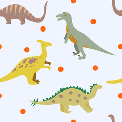 Vector  seamless cartoon pattern with  cute dinosaur's Characters  on the blue background with polka dots. Childish print for textiles, wallpapers, designer paper, etc