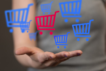 Businessman pressing modern technology panel shopping cart web phone credit card.