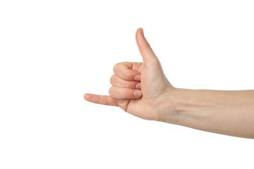 Woman hand in calling gesture isolated on white background