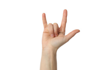 Woman hand giving the horns gesture, isolated on white background