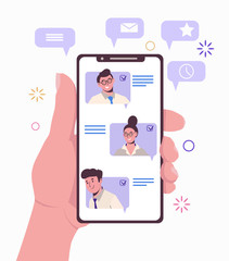 A smartphone with a list of contacts. Chatting with friends and colleagues. Invite friends. Social networks. Sending messages. Dating. Flat illustration isolated on white background