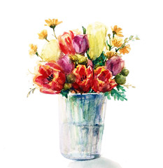 Bouquet of tulips and other flowers in a glass vase. Isolated on white background. watercolor painting