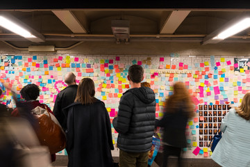New Yorkers are covering the subway station wall in emotional election sticky notes after the presidential election 2016 at Union Square Station New York City NY USA on Nov. 13 2016.