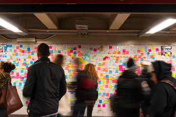 New Yorkers are covering the subway station wall in emotional election sticky notes after the presidential election 2016 at Union Square Station New York City NY USA on Nov. 13 2016.
