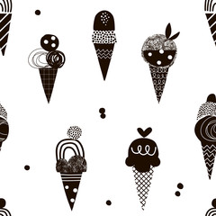 Decorative paper cut doodle textured ice cream vector seamless pattern. Childish Scandinavian black white dessert in waffle cone with squiggle, zigzag, line, dot texture background. Summer kid design.