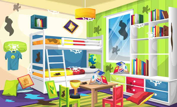 Dirty Kids Sleep Room with Bunk Bed, Desk with full of books and trophy, Ceiling Lamps, Wall Picture, Hangers, Bed, Pillow for Vector Illustration Interior Design Ideas