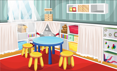 Kids Corner Room with Table, Flower Canvas, Box of Toys, Dice, Truck Toys in the Shelf Cabinet with Curtain and Chairs for Vector Illustration Interior Design Ideas