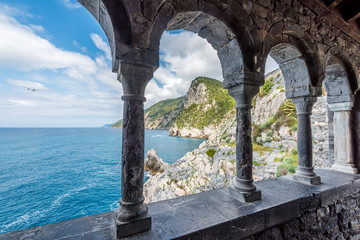 Ligurian coast. View from the old fortress arch in Portovenere town, Italy
