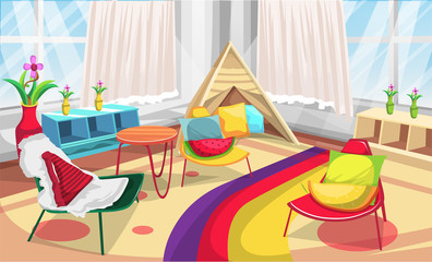 Kids Corner Play Room Playground with Small Tent, Short Table Chairs, Multipurpose Partition Rack for Flower vase, Books for Vector Illustration Interior Design Ideas