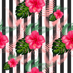 seamless tropical flowers with brush stripe pattern background