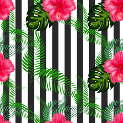 Print summer exotic jungle plant tropical palm leaves and flower red hibiscus. Pattern, seamless floral background.