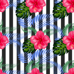 seamless tropical flowers with brush stripe pattern background