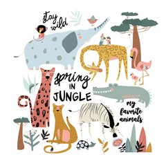 Set of cartoon wild animals on white background