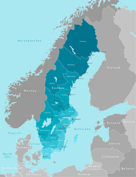 Vector modern illustration. Simplified geographical  map of Sweden and nearest countries. Blue background of seas. Names of swedish cities (Malmö, Gothenburg) and provinces.