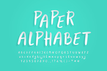 White paper alphabet. Flying 3D vector font, realistic paper cut out style. Uppercase and lowercase letters, numbers, punctuation marks and symbols