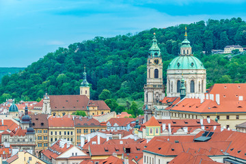 Obraz premium Top view to red roofs and green trees skyline of Prague city Czech republic.