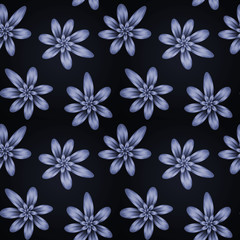 Seamless repeat pattern with blue and silver flowers  on black  background. For drawn fabric, gift wrap, wall art design.