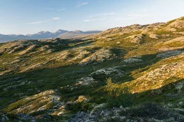 Mountain tundra landscape, Norway. Rocky panoramic view. Way to Trolltunga rock.