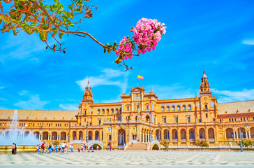 Blooming in garden of Plaza de Espana in Seville