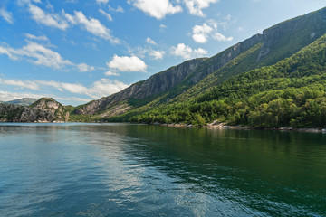 Fototapeta na wymiar Lysefjord sea landscape mountain view, Norway, Norwegian fjords view.
