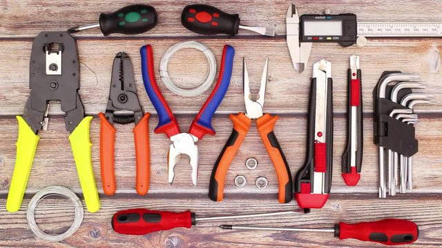 Construction and do it yourself tools move on work table - Stop motion 