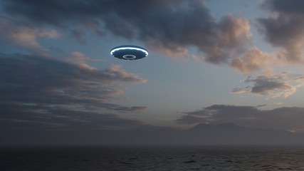 Fototapeta na wymiar 3D illustration. UFO over the sea and waves