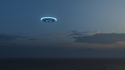 3D illustration. UFO over the sea and waves
