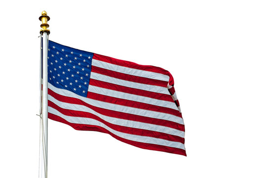 American flag showing US Stars and Stripes blowing in the wind against white background