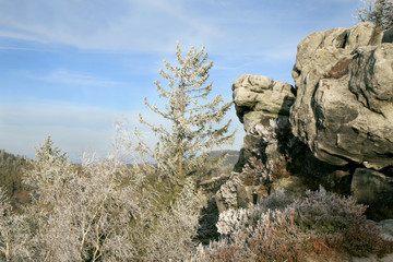 Naroznik, peak with lookout in the Table Mountains ( Gory Stolowe ), National Park, popular tourist attraction, Poland. Sunrise.