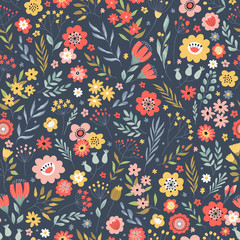 Seamless pattern with flowers, leaves and grass. Freehand drawing