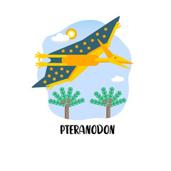 Design card with pteranodon in the landscape. Flat style icon of dinosaur with text. © Trika