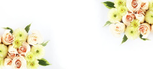 Delicate floral arrangement on a white background. Pink roses and yellow chrysanthemums. Delicate pastel colors. Background for greetings, postcards. © Olirina