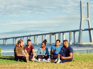 Focused African American woman talking with friends on lawn. Cheerful young lady in eyeglasses and...