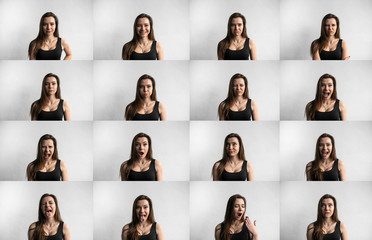 Set of young woman's portraits with different emotions. Young beautiful cute girl showing different emotions. Laughing, smiling, anger, suspicion, fear, surprise.