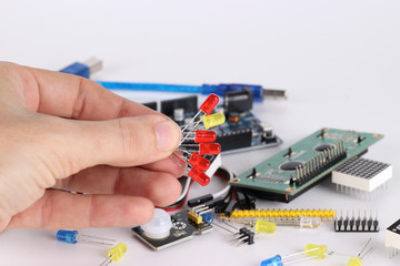Electronic components. LEDs, microcontrollers, boards and wires.