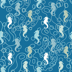 Seahorses monochromatic marine seamless vector pattern in blue colors. Decorative surface print design.