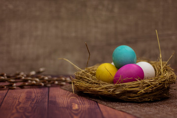 Easter eggs and pussy willow on wooden background. Natural colored eggs in a easter nest. Side view