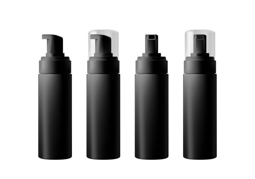 Realistic black blank bottle with dispenser isolated on white background