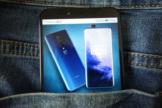 KONSKIE, POLAND - May 18, 2019: new smartphone OnePlus 7 concept design displayed on mobile phone