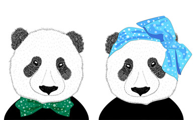 Hand drawn illustration of the head of a panda girl with a bow in the style of the 60s and a panda man in a tie, set.