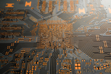 A close-up of black blank Printed circuit board (PCB) with no component mounted (copper exposed)