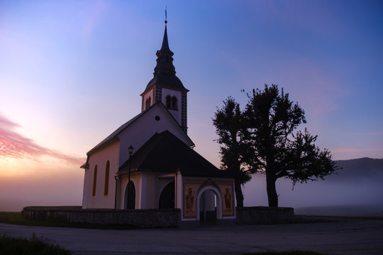 Suha church in Skofja Loka while sunrise
