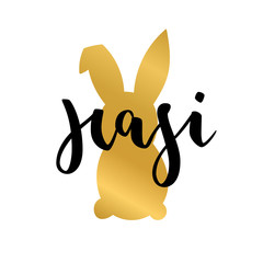 Hasi, Easter rabbit German text lettering calligraphy. Frohe Ostern. font with golden rabbits on white background. Great for greeting card, poster, label. Brush ink modern handlettering.