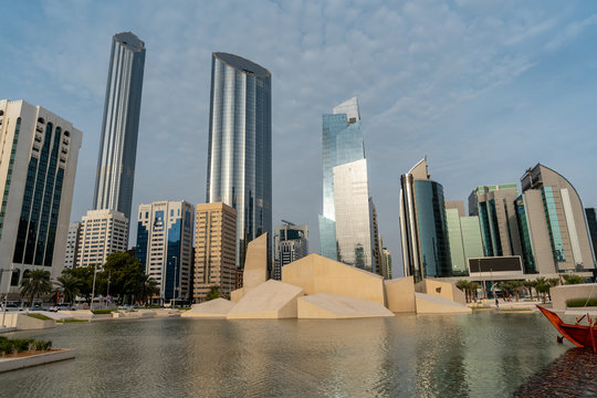 Abu Dhabi city skyscrapers and skyline, World Trade Center | Al Hosn modern museum celebrating the UAE culture | Modern city architecture design