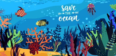 Obraz na płótnie Canvas Save the ocean hand lettering text. Ecology print, planet and environment protection concept. Cute vector fishes