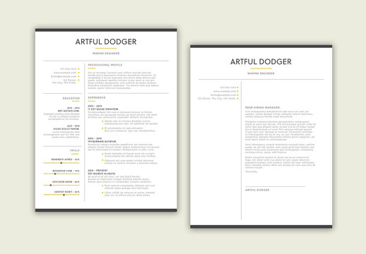 Resume Layout Set with Gray Headers and Footers and Yellow Accents 
